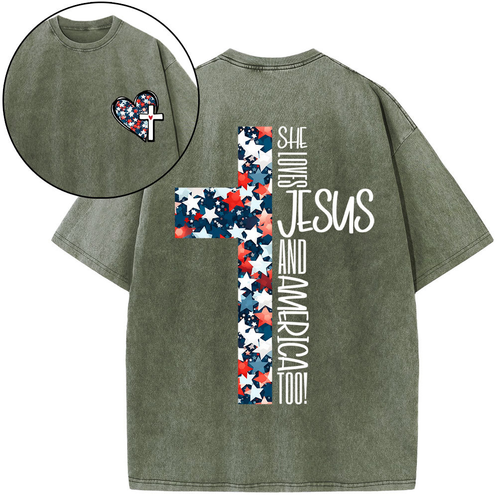 She Loves Jesus And America Christian Washed T-Shirt