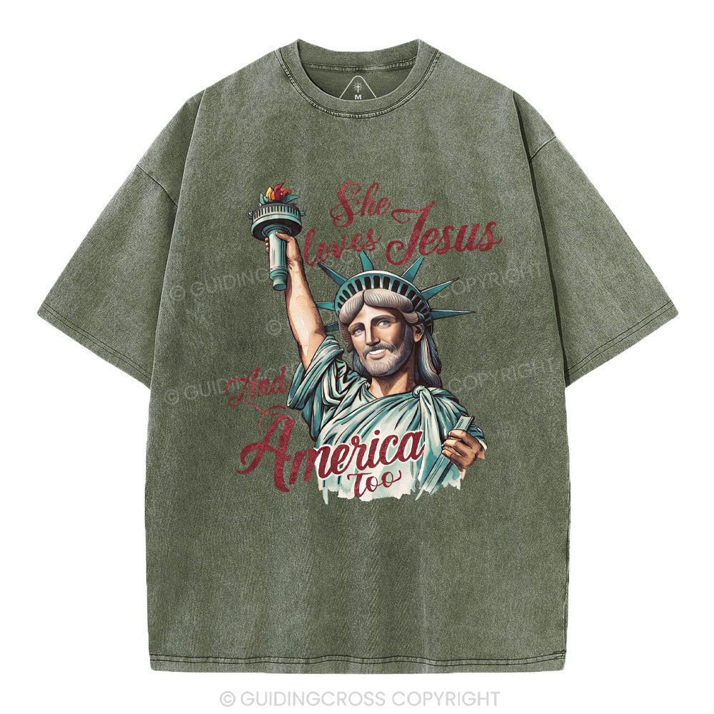 She Loves Jesus And America Christian Washed T-Shirt