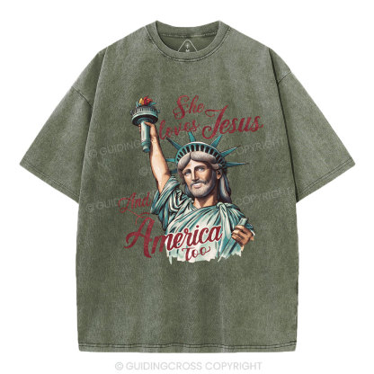 She Loves Jesus And America Christian Washed T-Shirt