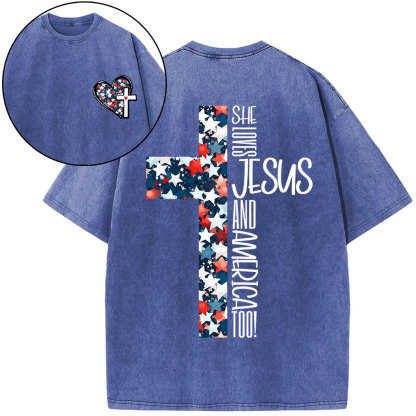 She Loves Jesus And America Christian Washed T-Shirt