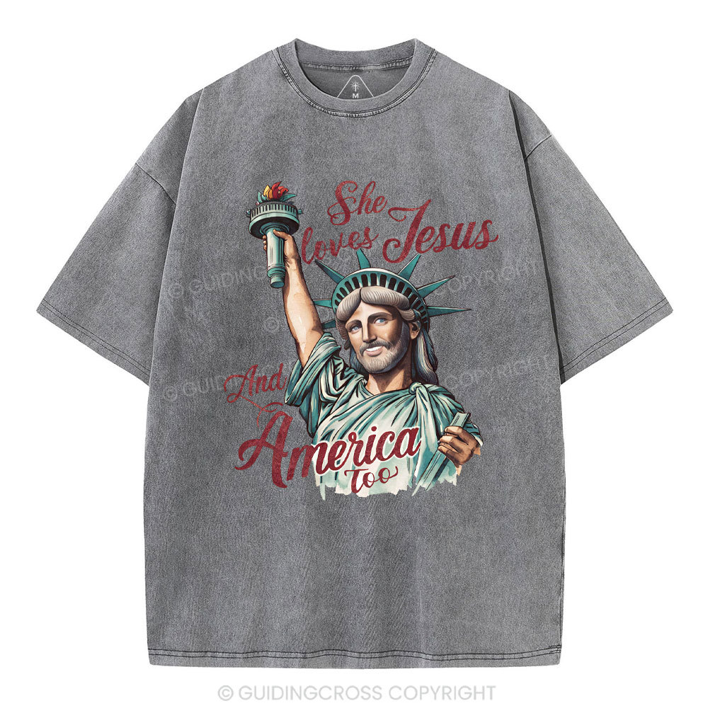 She Loves Jesus And America Christian Washed T-Shirt