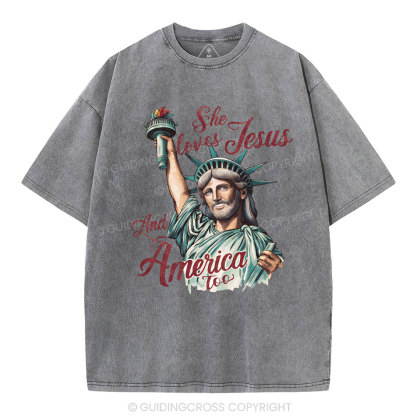 She Loves Jesus And America Christian Washed T-Shirt