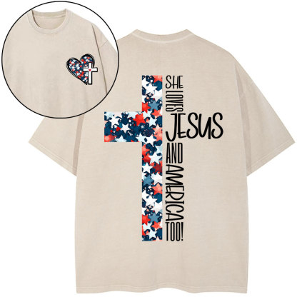 She Loves Jesus And America Christian Washed T-Shirt