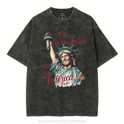 She Loves Jesus And America Christian Washed T-Shirt