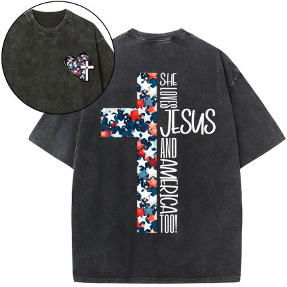 She Loves Jesus And America Christian Washed T-Shirt