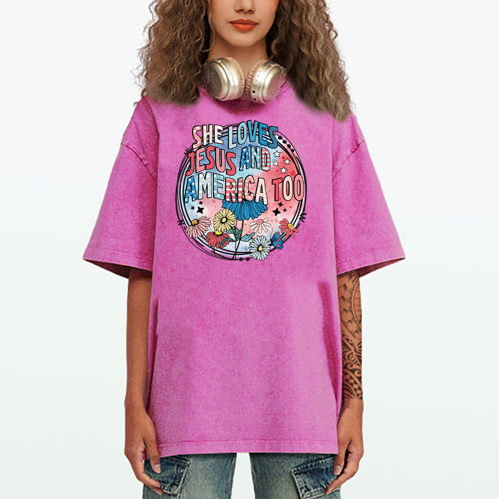 She Loves Jesus And America Too Christian Washed T-Shirt
