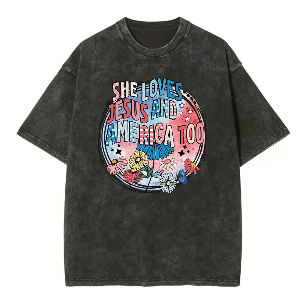 She Loves Jesus And America Too Christian Washed T-Shirt