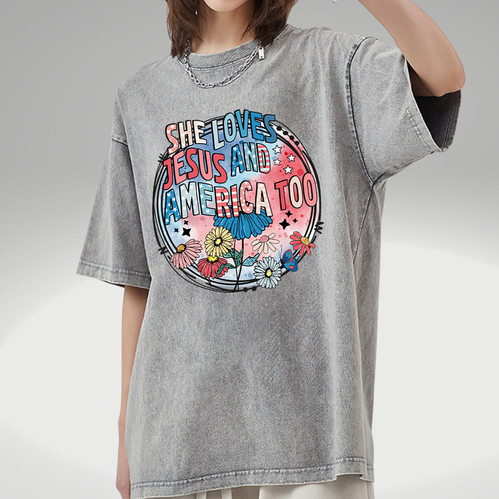 She Loves Jesus And America Too Christian Washed T-Shirt