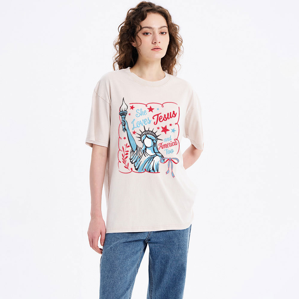 She Loves Jesus And America Too Independence Day Christian Washed T-Shirt 1