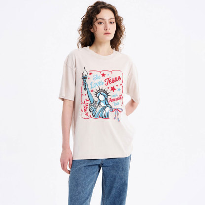 She Loves Jesus And America Too Independence Day Christian Washed T-Shirt 1