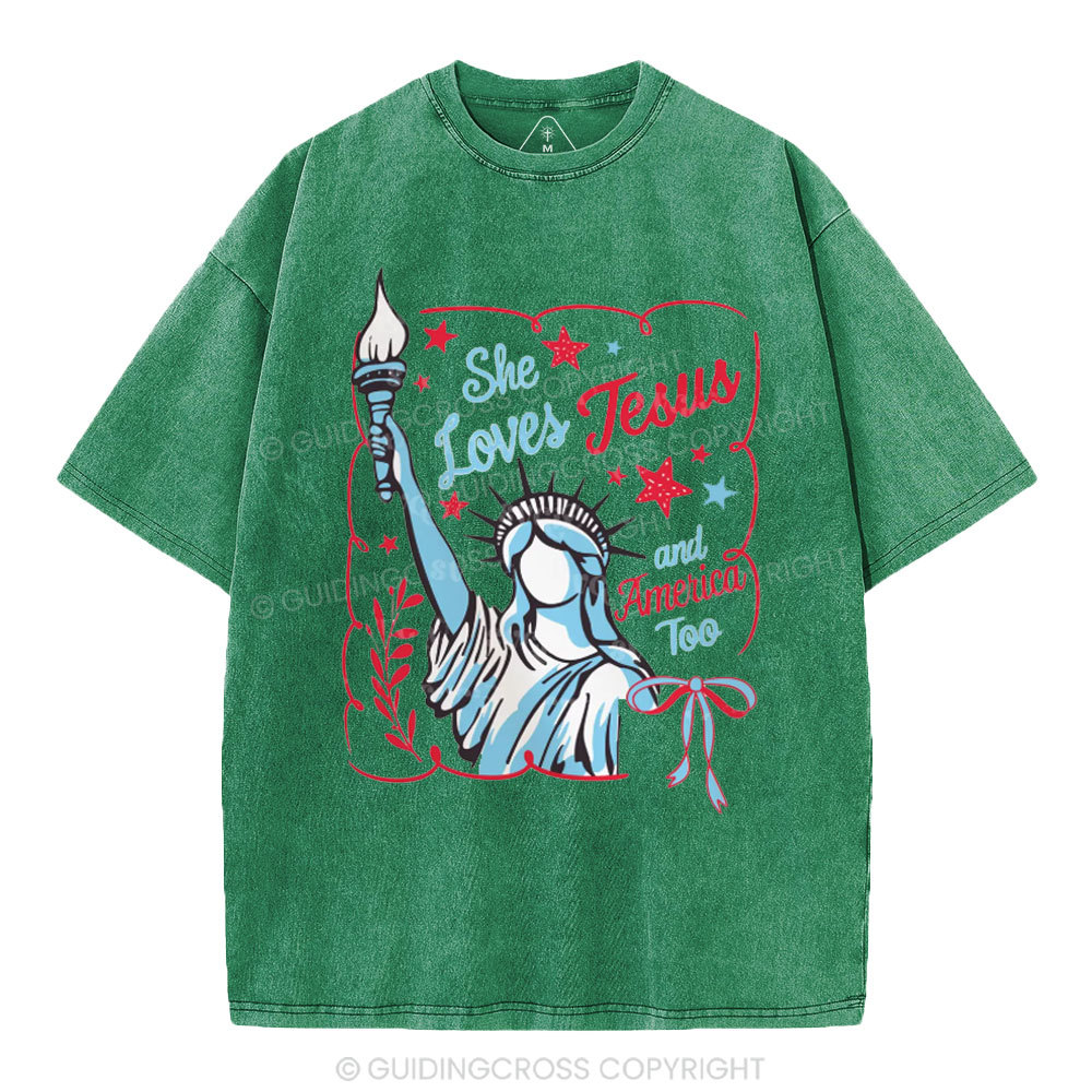 She Loves Jesus And America Too Independence Day Christian Washed T-Shirt 1