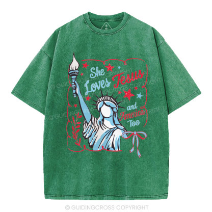 She Loves Jesus And America Too Independence Day Christian Washed T-Shirt 1
