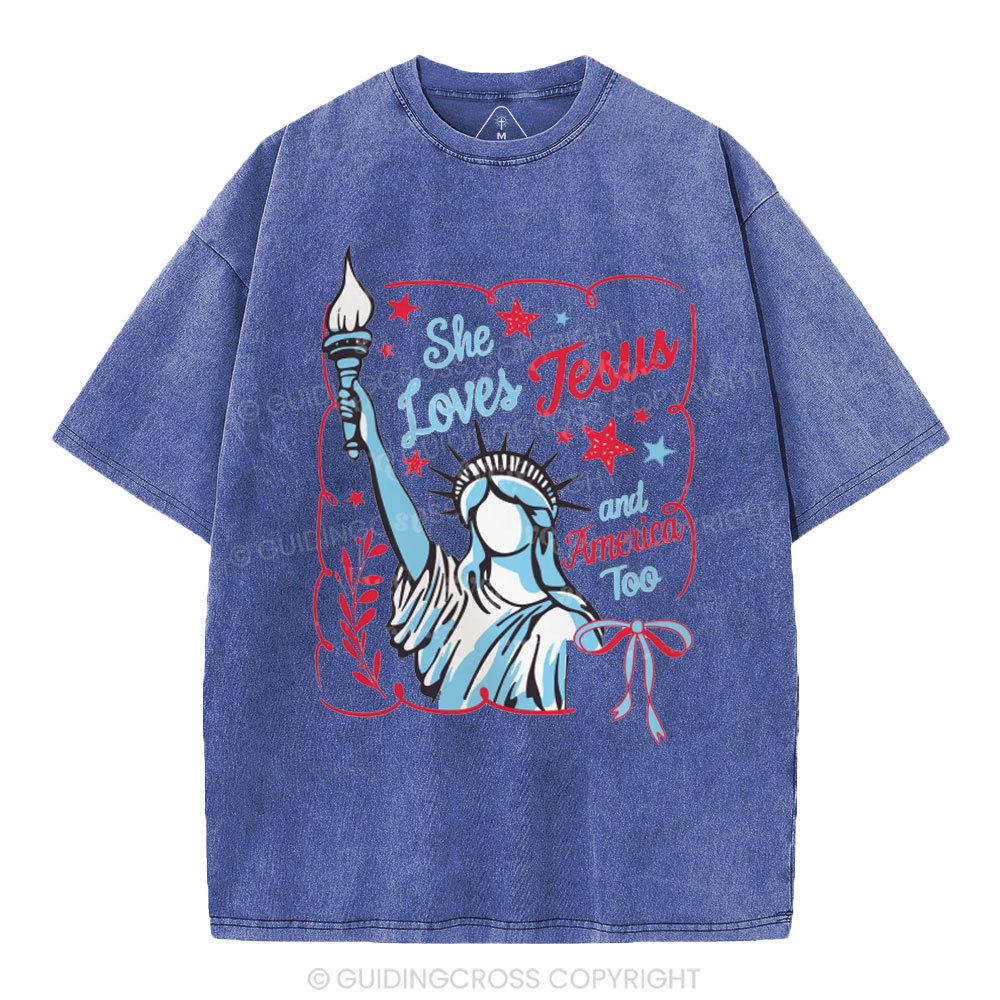 She Loves Jesus And America Too Independence Day Christian Washed T-Shirt 1