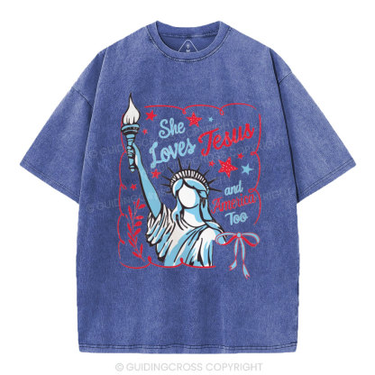 She Loves Jesus And America Too Independence Day Christian Washed T-Shirt 1