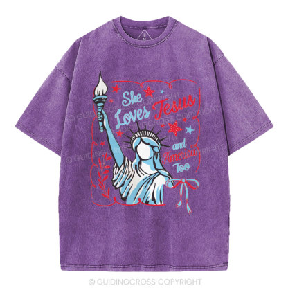She Loves Jesus And America Too Independence Day Christian Washed T-Shirt 1