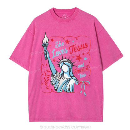 She Loves Jesus And America Too Independence Day Christian Washed T-Shirt 1