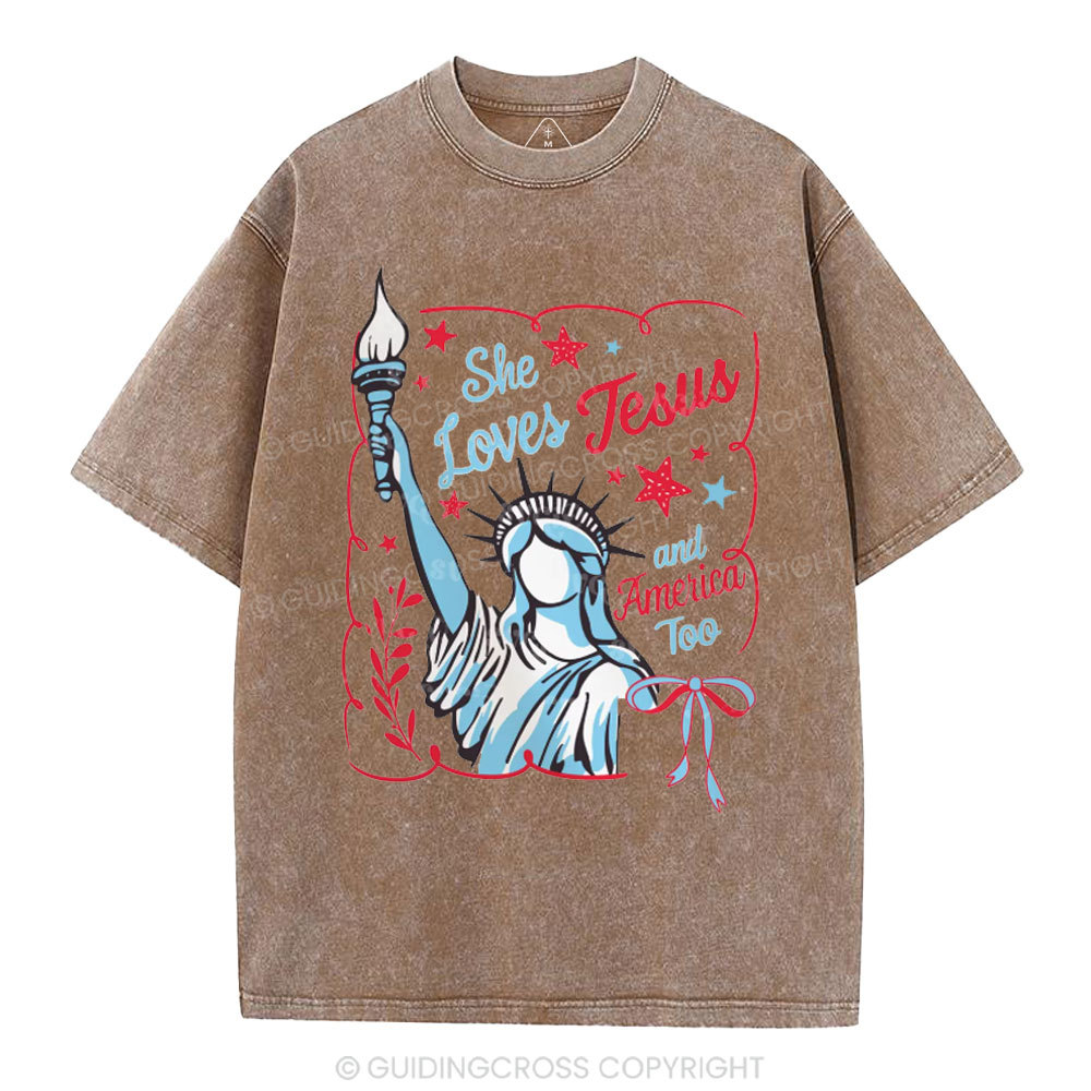 She Loves Jesus And America Too Independence Day Christian Washed T-Shirt 1