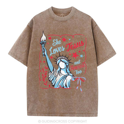 She Loves Jesus And America Too Independence Day Christian Washed T-Shirt 1