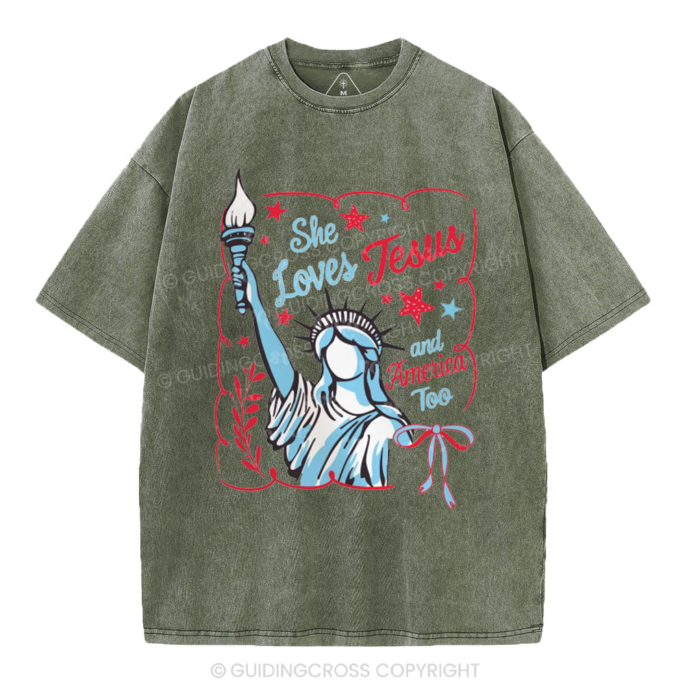 She Loves Jesus And America Too Independence Day Christian Washed T-Shirt 1