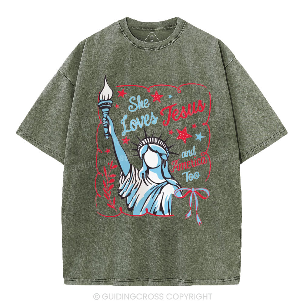 She Loves Jesus And America Too Independence Day Christian Washed T-Shirt 1