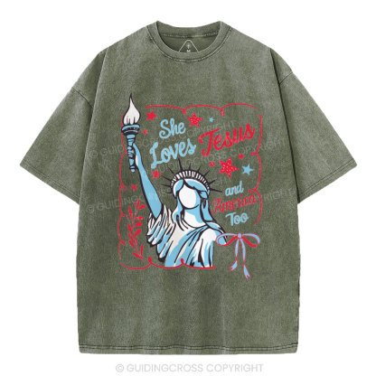She Loves Jesus And America Too Independence Day Christian Washed T-Shirt 1