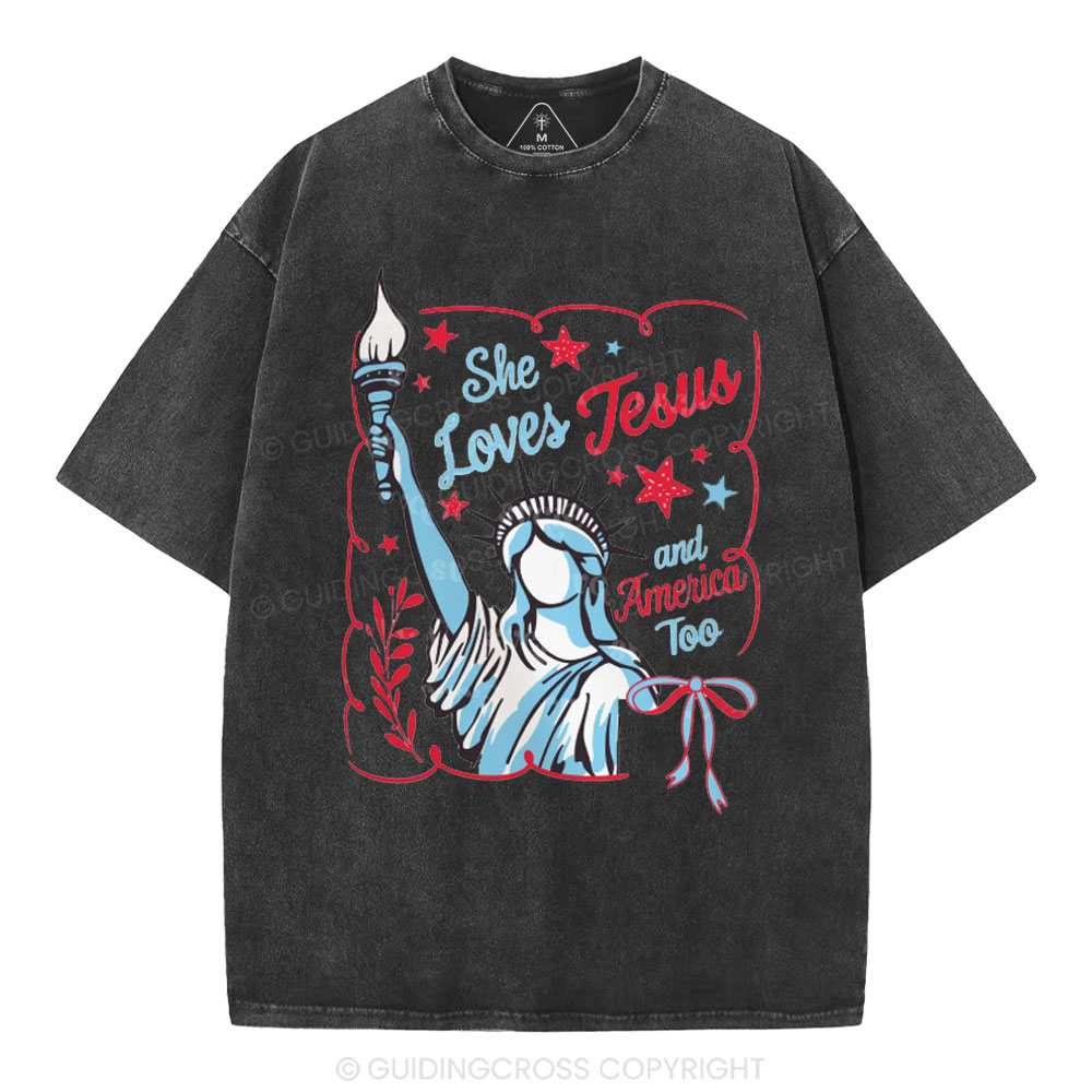 She Loves Jesus And America Too Independence Day Christian Washed T-Shirt 1