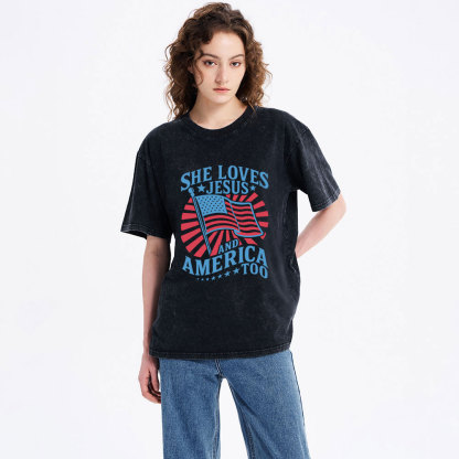 She Loves Jesus And American Too Christian Washed T-Shirt