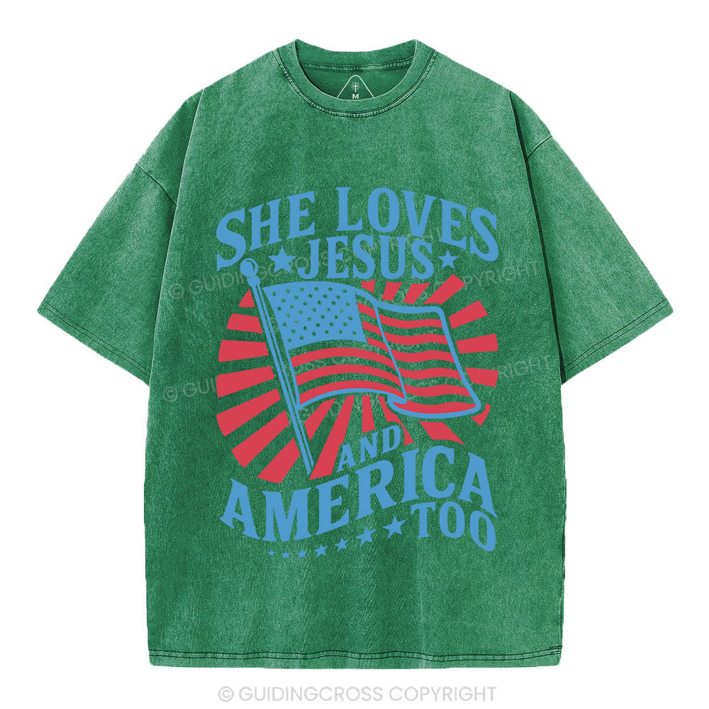 She Loves Jesus And American Too Christian Washed T-Shirt