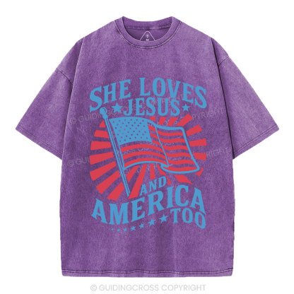 She Loves Jesus And American Too Christian Washed T-Shirt
