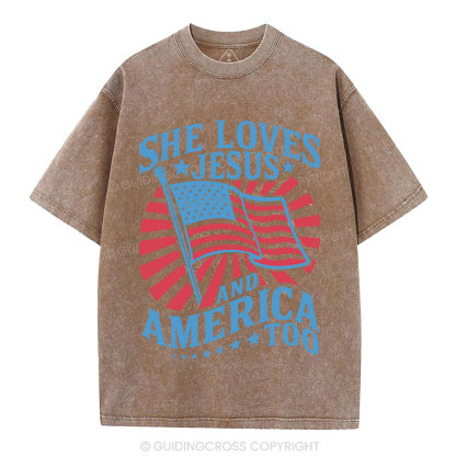 She Loves Jesus And American Too Christian Washed T-Shirt