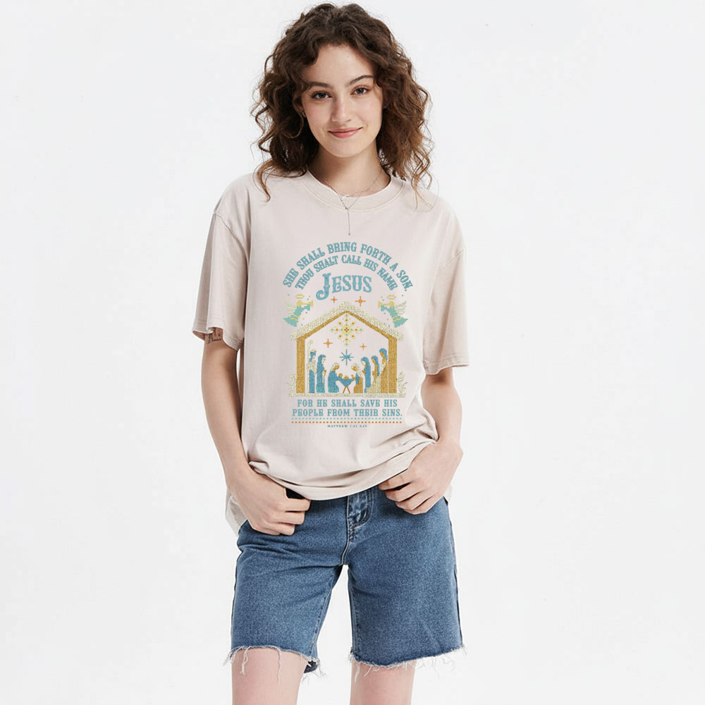 She Shall Bring Forth A Son Christian Christmas Washed T-Shirt