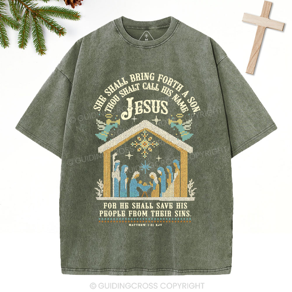 She Shall Bring Forth A Son Christian Christmas Washed T-Shirt