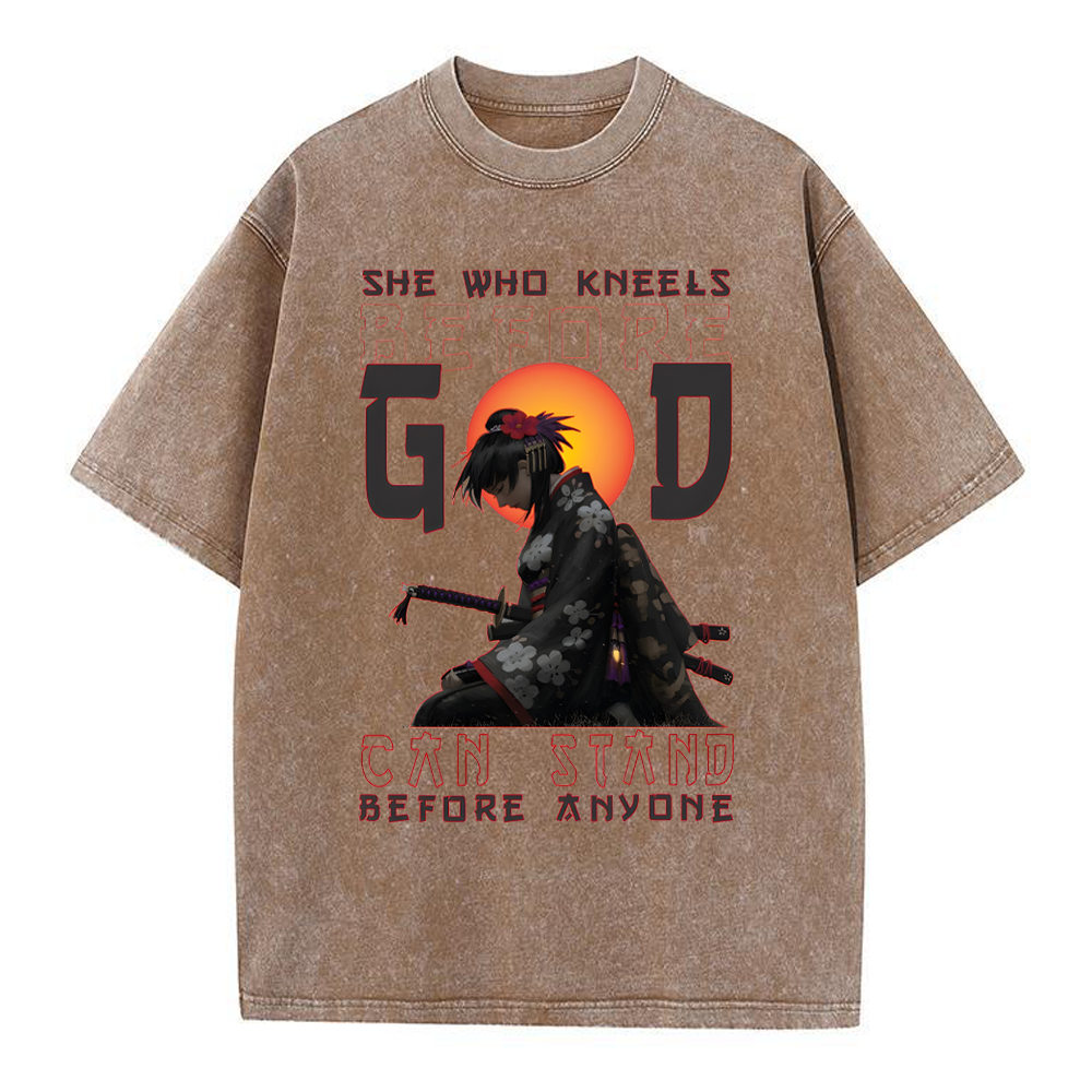 She Who Kneels Before God Christian Washed T-Shirt