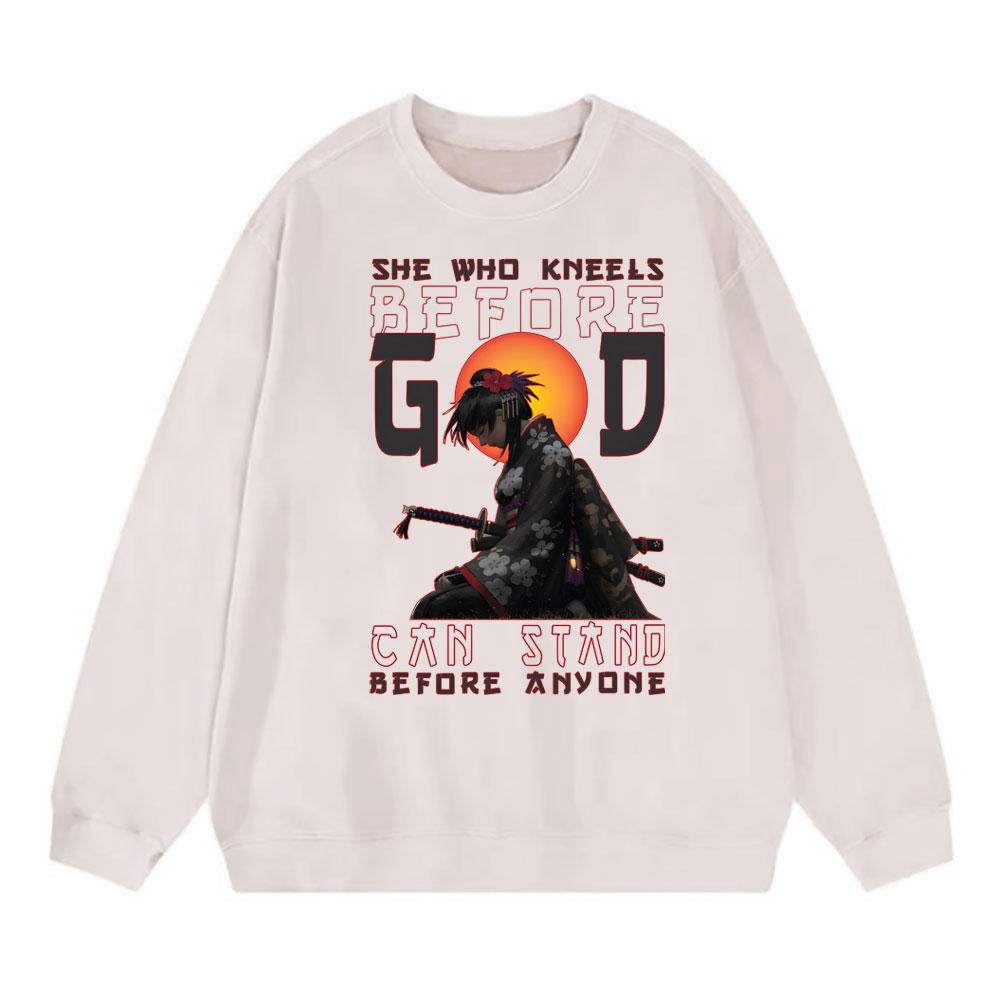 She Who Kneels Before God Christian Washed SweatShirt