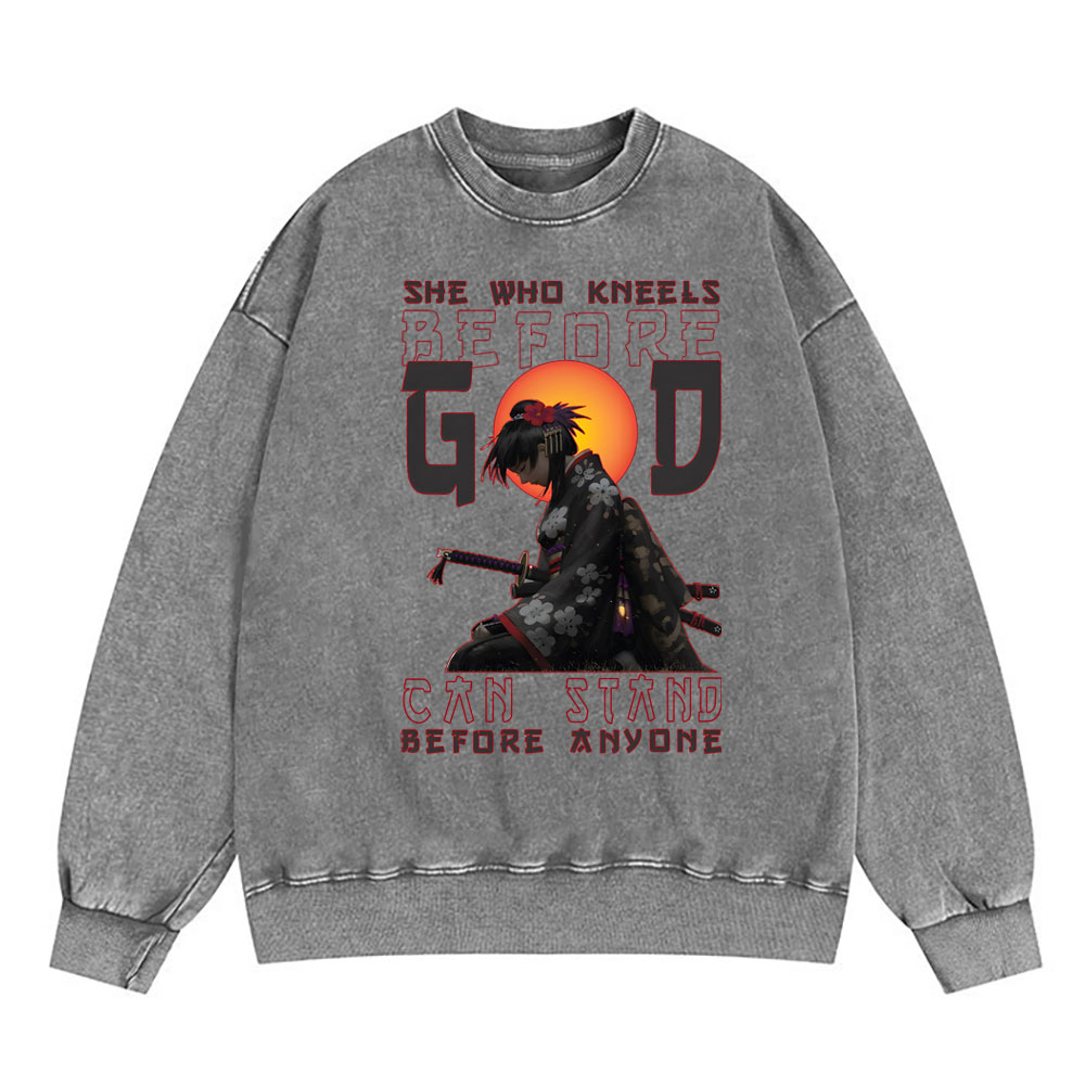 She Who Kneels Before God Christian Washed SweatShirt