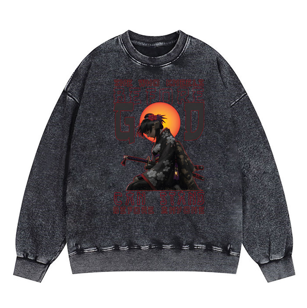 She Who Kneels Before God Christian Washed SweatShirt