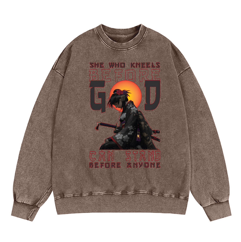 She Who Kneels Before God Christian Washed SweatShirt