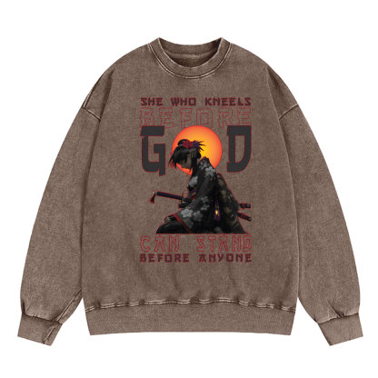She Who Kneels Before God Christian Washed SweatShirt