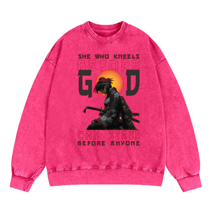 She Who Kneels Before God Christian Washed SweatShirt