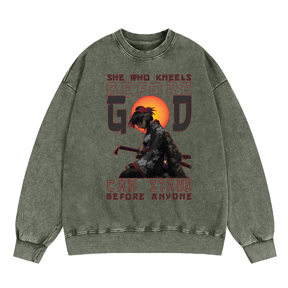 She Who Kneels Before God Christian Washed SweatShirt