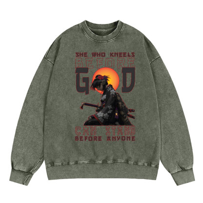She Who Kneels Before God Christian Washed SweatShirt