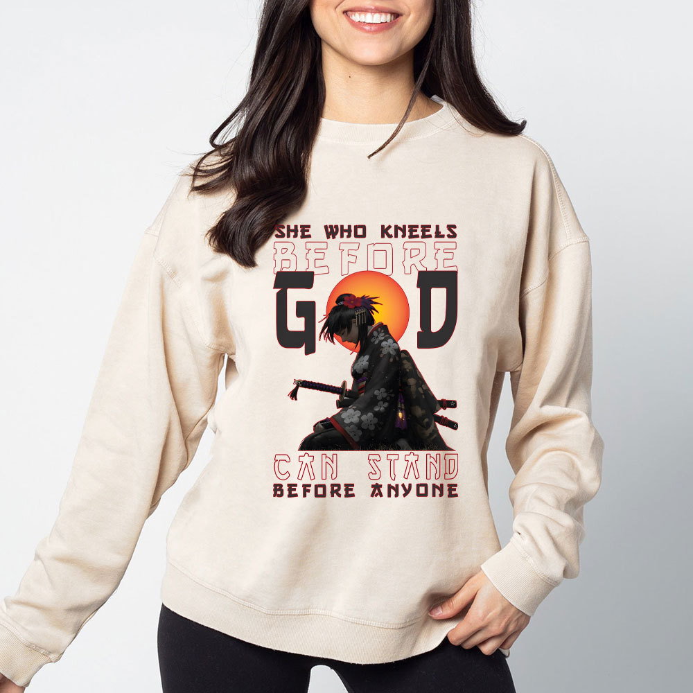 She Who Kneels Before God Christian Washed SweatShirt