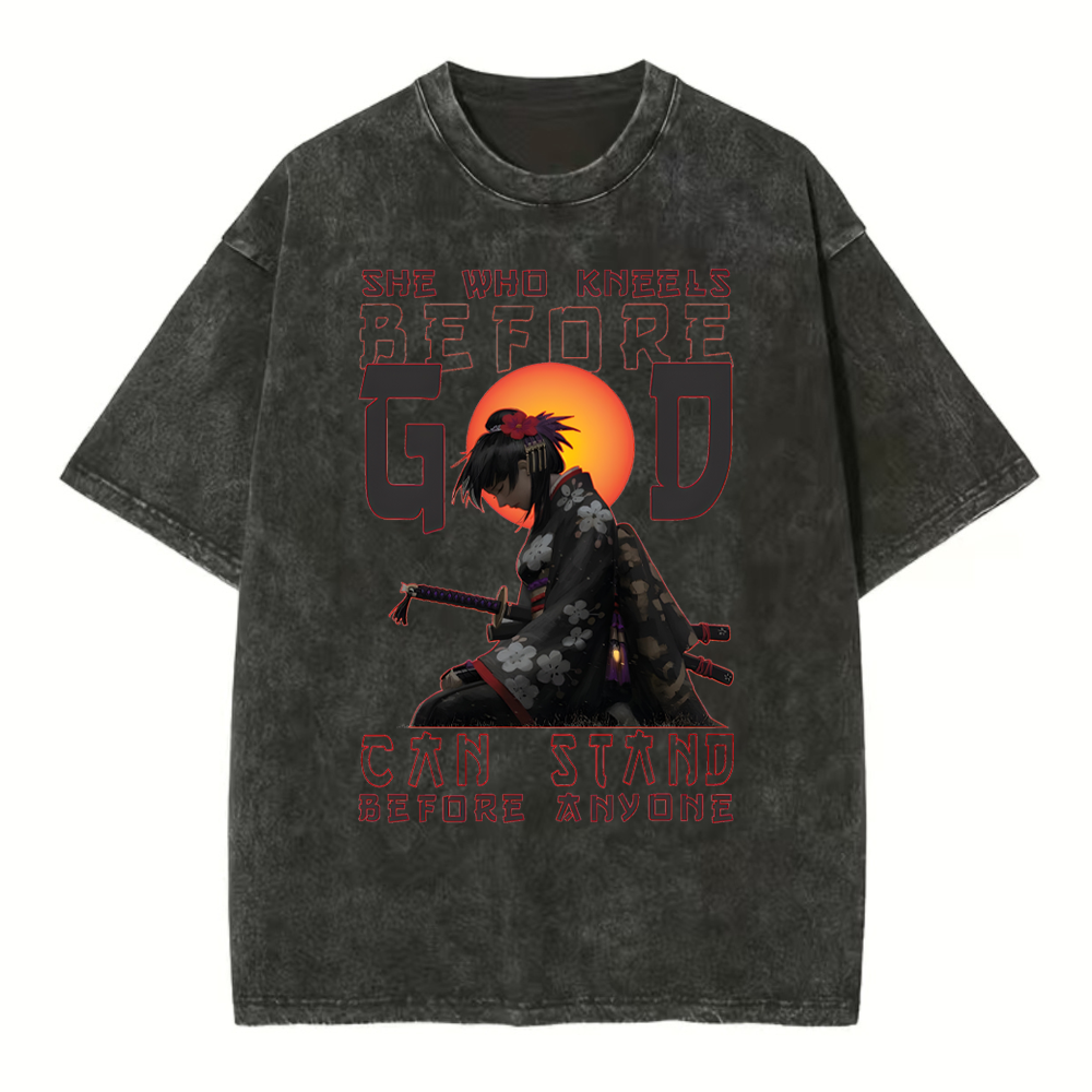 She Who Kneels Before God Christian Washed T-Shirt