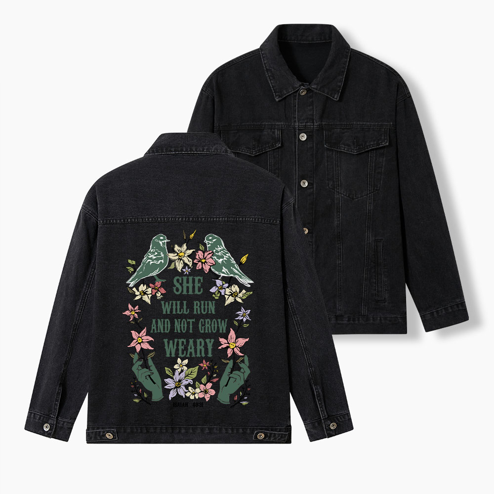 She Will Run And Not Grow Weary Christian Denim Jacket
