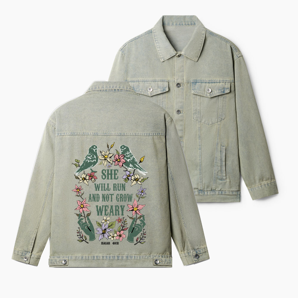 She Will Run And Not Grow Weary Christian Denim Jacket