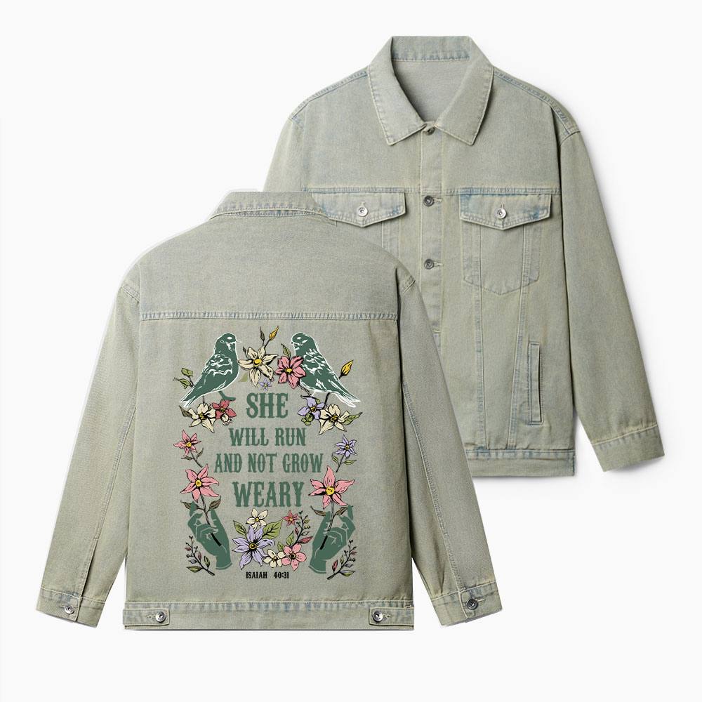 She Will Run And Not Grow Weary Christian Denim Jacket