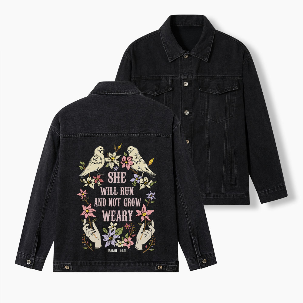 She Will Run And Not Grow Weary Christian Denim Jacket