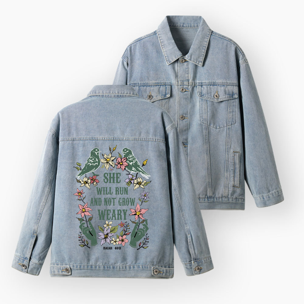 She Will Run And Not Grow Weary Christian Denim Jacket