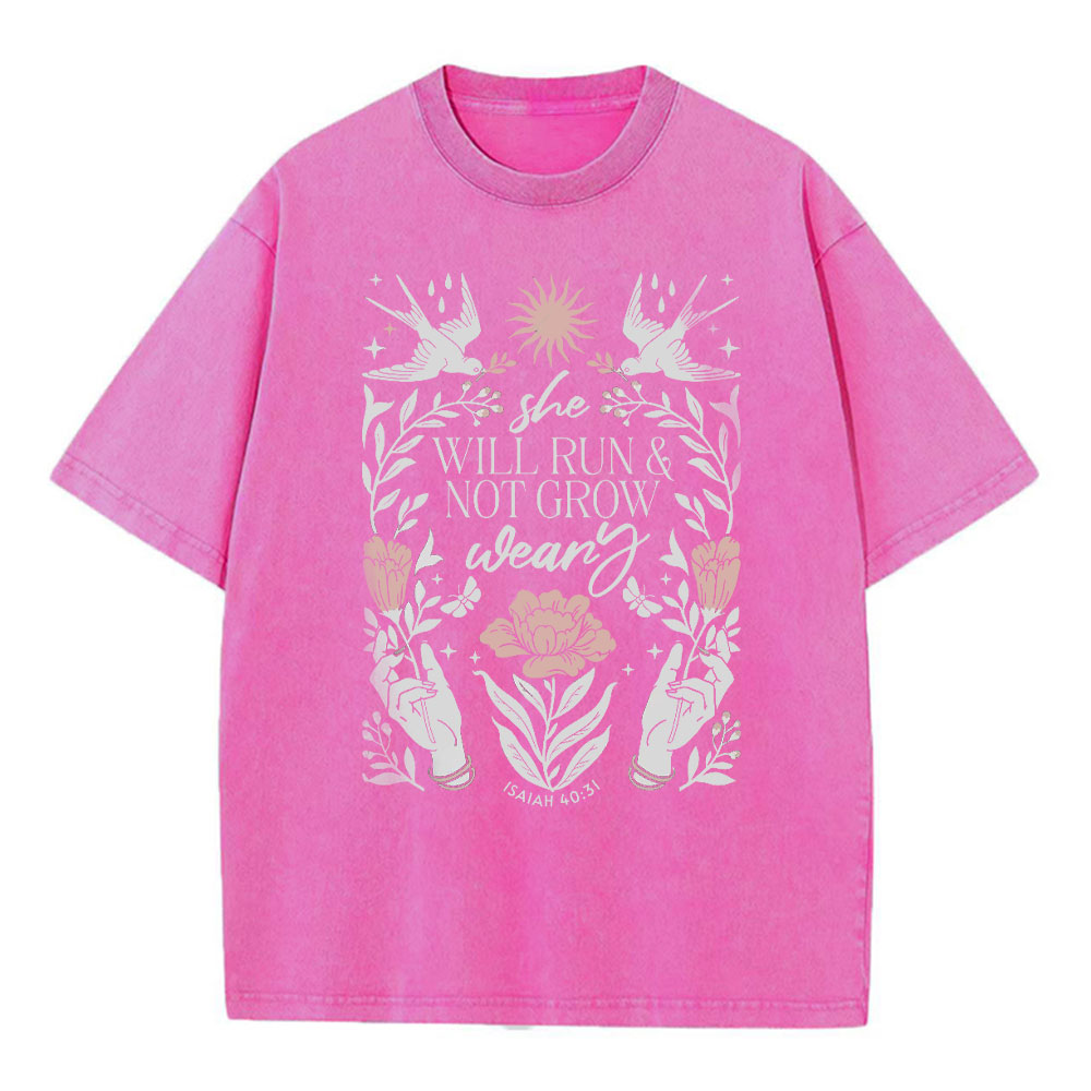 She Will Run And Not Grow Weary Christian Washed T-Shirt