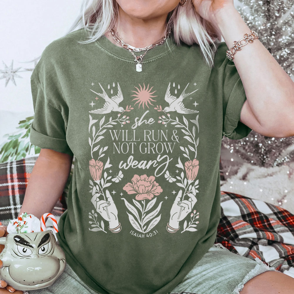 She Will Run And Not Grow Weary Christian Washed T-Shirt